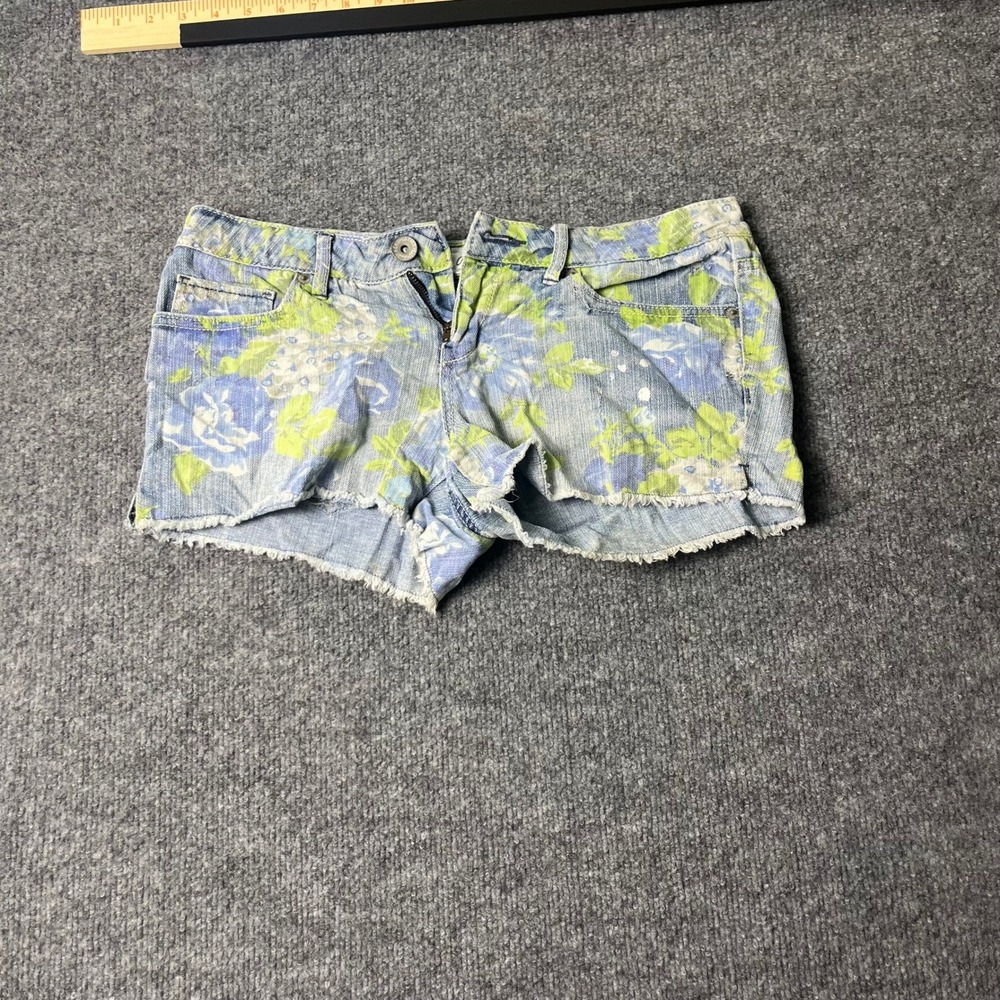 Aeropostale Denim Shorts Womens Size 7/8 Floral Raw Hem Low Rise Casual Summer